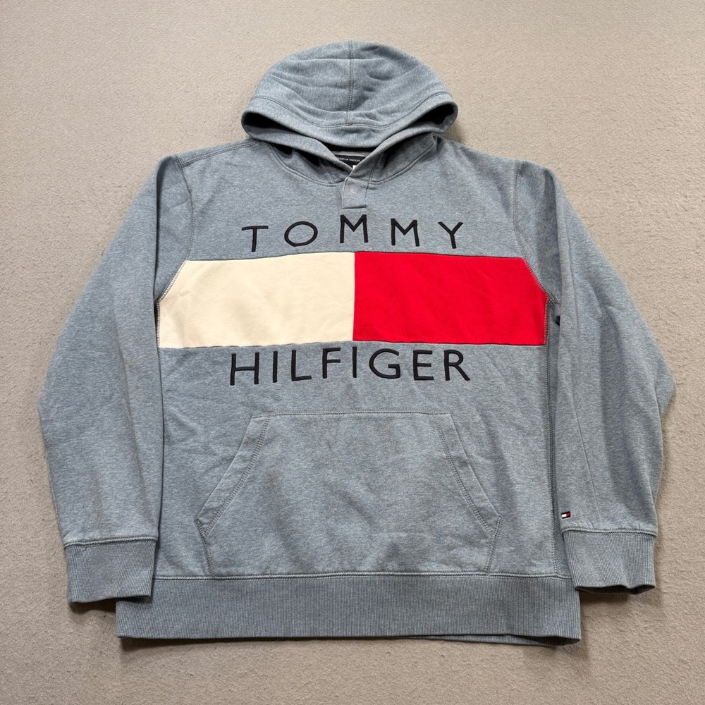 Tommy Hilfiger Hoodie Men's XL Gray Fleece Quinn Logo Fleece Athletic Pullover‎